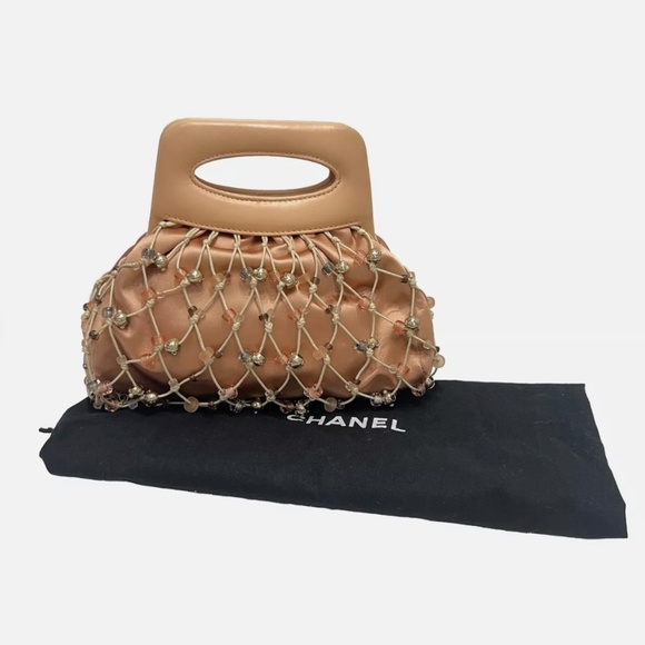 Chanel 2004 Peach Blush Leather Crochet Satin Beaded Pochette Evening Handbag - Picture 1 of 16